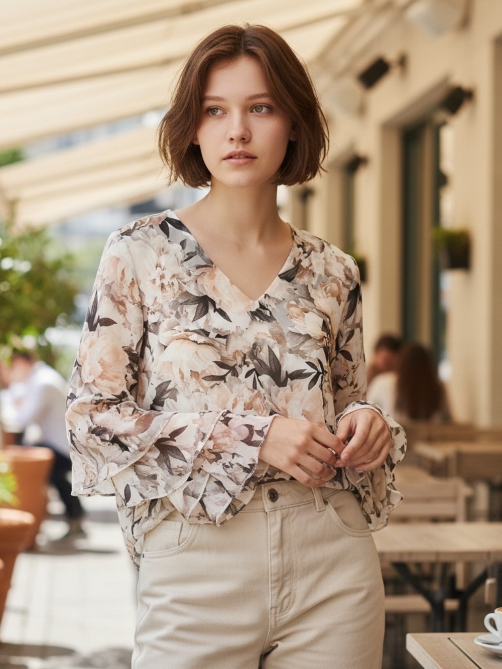 Calvin Klein Neutral Floral V-Neck Bell Sleeve Blouse